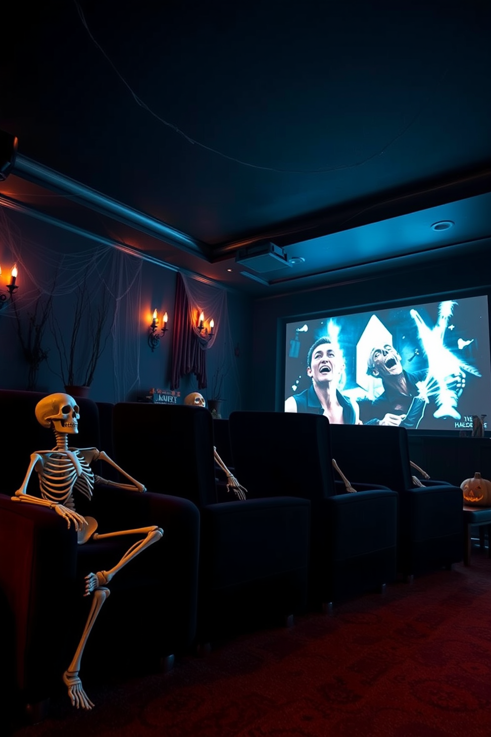 A cozy home theater decorated for Halloween features vintage film reels displayed on the walls. The room is dimly lit with flickering candles and spooky artwork, creating an inviting yet eerie atmosphere.