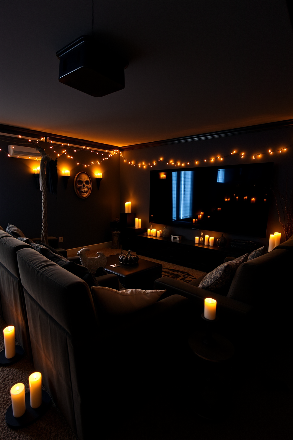 A cozy home theater setting adorned with flickering candles to create a warm ambiance. The walls are painted in a deep charcoal color, and plush seating is arranged in a semi-circle facing a large screen, with decorative Halloween-themed accents scattered throughout.