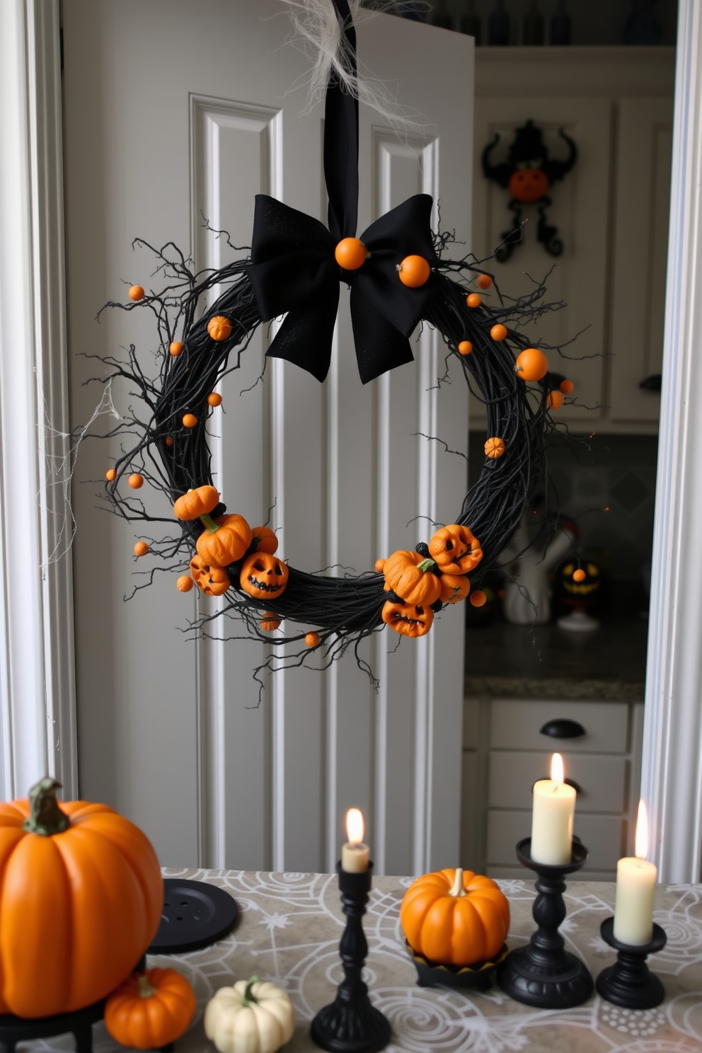 Spooky ghost tealight holders are arranged on rustic wooden shelves, casting eerie shadows in the dim light. The kitchen is adorned with Halloween-themed decorations, featuring vibrant orange and black accents that enhance the festive atmosphere.