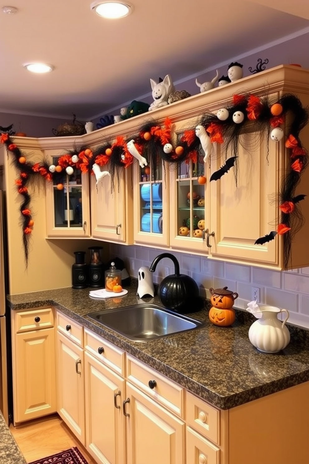 A whimsical Halloween kitchen adorned with ghoulish garlands draped over the cabinets. The garlands feature a mix of spooky elements like ghosts, bats, and pumpkins, creating a festive atmosphere.