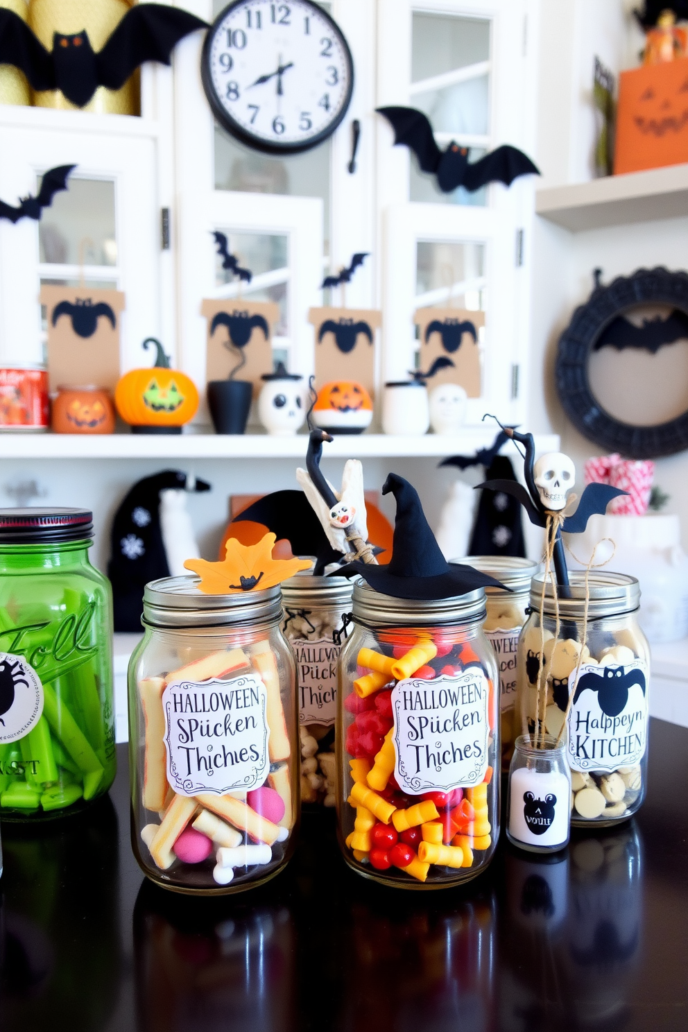 A charming Halloween kitchen adorned with mason jars featuring spooky labels. The jars are filled with various treats and decorations, creating a festive atmosphere that captures the spirit of the season.