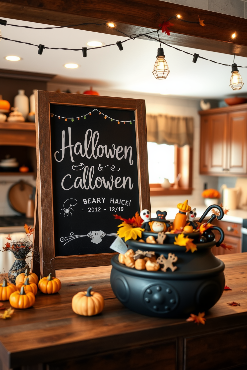 Chalkboard sign with Halloween greetings displayed prominently on a rustic wooden counter. Surrounding the sign are festive decorations including miniature pumpkins, spiderwebs, and colorful autumn leaves. The kitchen features warm, inviting tones with a cozy atmosphere enhanced by string lights overhead. A cauldron-shaped centerpiece filled with treats adds a playful touch to the Halloween theme.