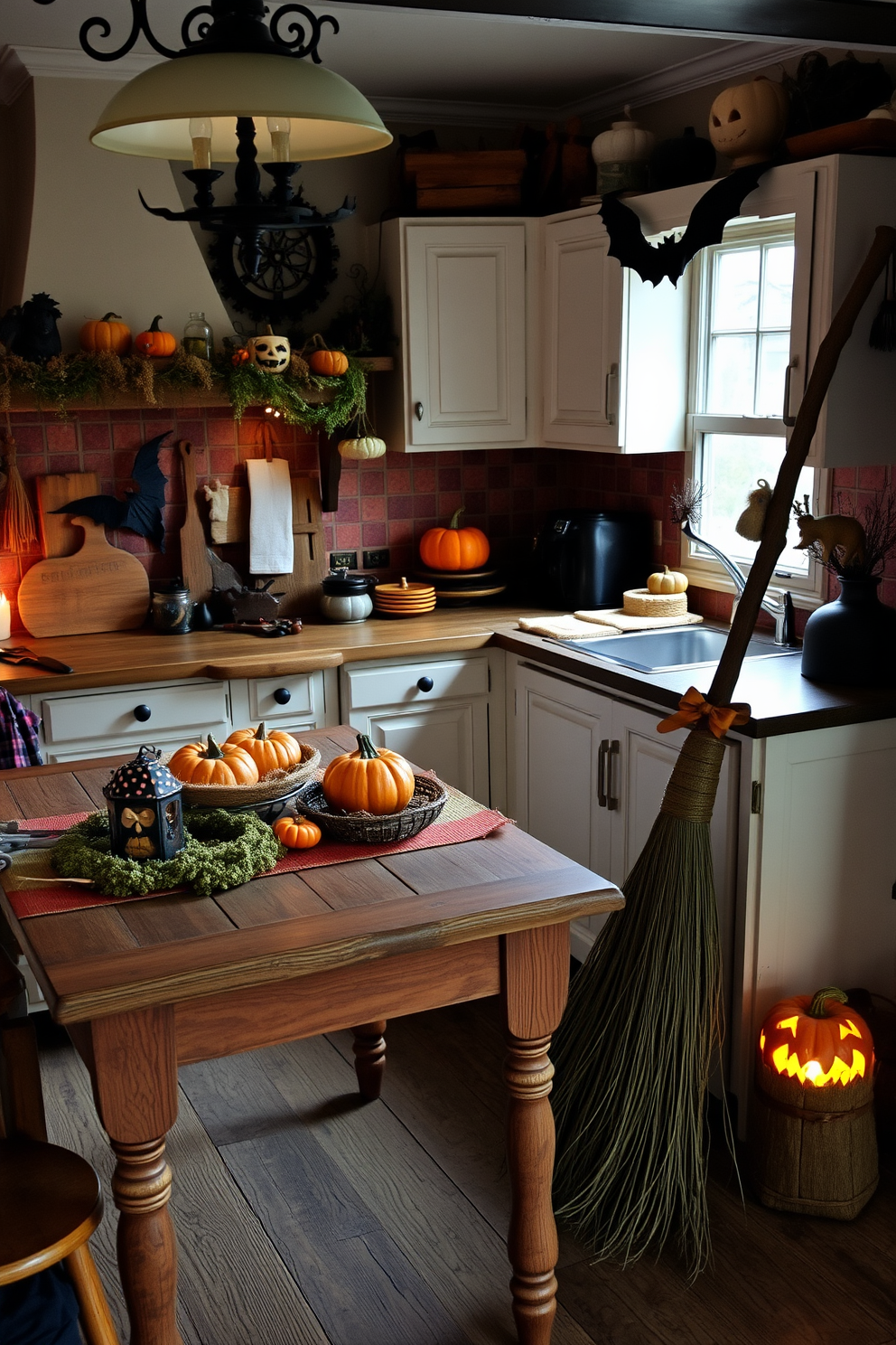 A whimsical kitchen setting adorned with broomstick decor propped in the corner. The space features a rustic wooden table with seasonal decorations and warm lighting that creates a cozy atmosphere for Halloween.