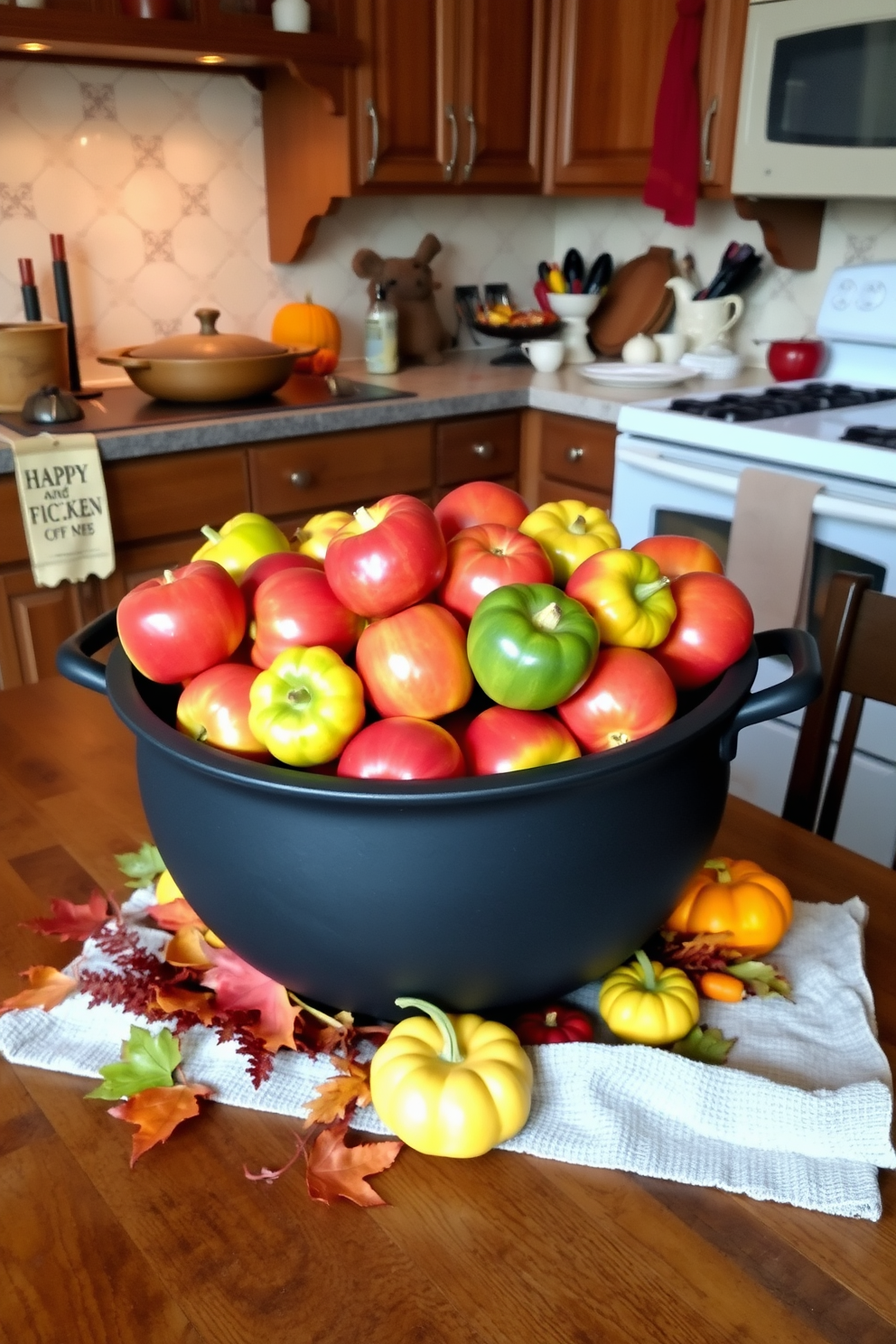 A cozy Halloween kitchen setting featuring a large black cauldron filled with vibrant faux apples in various shades of red and green. The cauldron is placed on a rustic wooden table adorned with autumn leaves and small pumpkins for a festive touch.