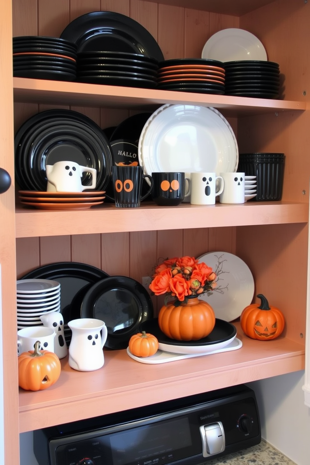 Spooky themed dishware is arranged on open shelves in a cozy kitchen. The shelves display an assortment of black and orange plates, ghost-shaped mugs, and pumpkin centerpieces, creating a festive Halloween atmosphere.