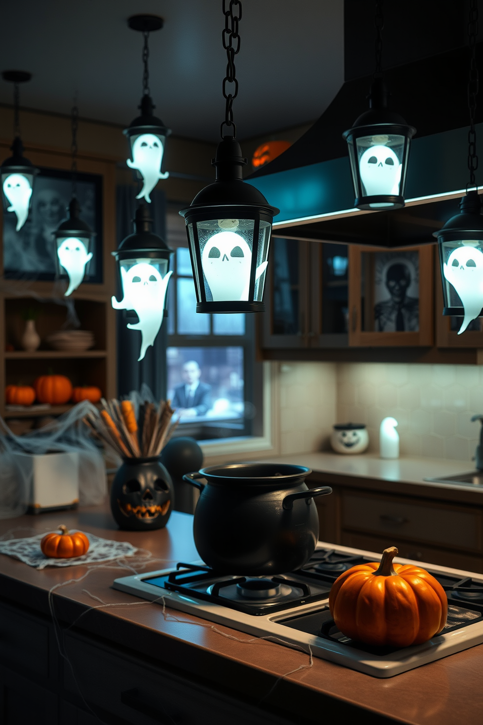 A whimsical kitchen adorned for Halloween. Ghostly white balloons float gracefully above a rustic wooden table set with orange and black tableware, while spooky decorations like miniature pumpkins and cobwebs add a festive touch.