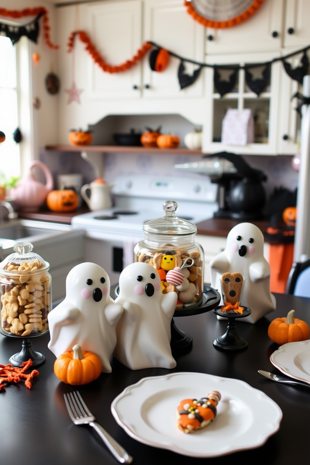 Create a whimsical Halloween kitchen scene featuring ghost-shaped cookie jars filled with assorted treats. The kitchen is adorned with festive decorations, including orange and black accents, and a charming table set for a spooky gathering.