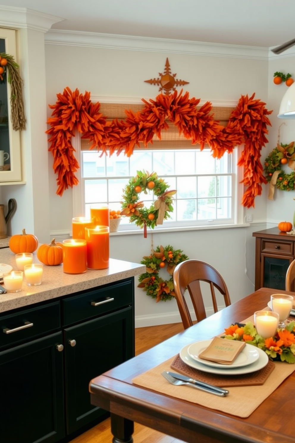 A cozy kitchen adorned with autumn-themed decorations. On the countertop, several pumpkin spice scented candles are lit, filling the room with a warm, inviting aroma. The walls are decorated with festive garlands and orange accents. A wooden dining table is set with seasonal tableware, creating a perfect space for holiday gatherings.