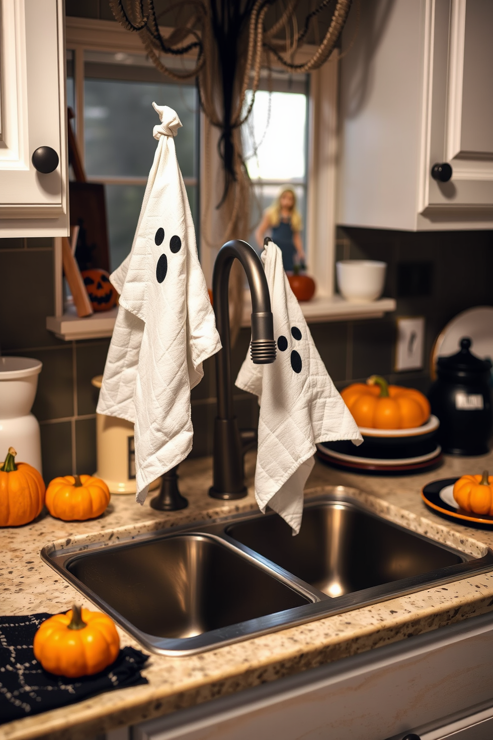 A whimsical kitchen setting designed for Halloween. Ghostly tea towels dangle playfully from the sink, adding a festive touch to the decor. The countertops are adorned with small pumpkins and spooky-themed dishware. Soft lighting creates an inviting atmosphere, perfect for seasonal gatherings.