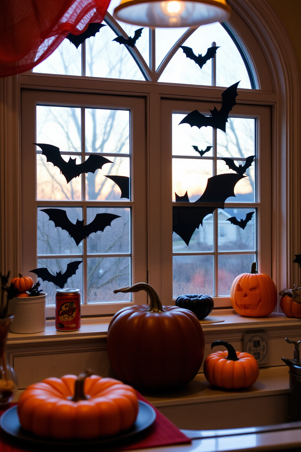 Create a cozy Halloween kitchen scene featuring window panes adorned with bat silhouettes casting shadows in the soft glow of evening light. The kitchen is decorated with autumn-themed accents, including orange and black tableware, and a charming display of pumpkins on the countertop.