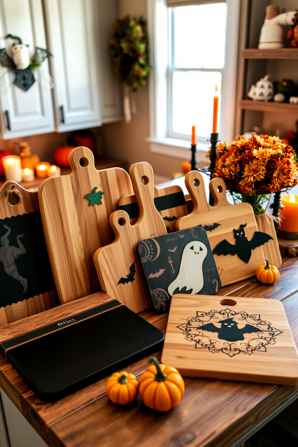 A collection of Halloween themed cutting boards is beautifully displayed on a rustic wooden countertop. The boards feature intricate designs of pumpkins, ghosts, and bats, adding a festive touch to the kitchen decor. Surrounding the cutting boards are autumnal decorations, including small gourds and candles in orange and black hues. The kitchen is illuminated with warm lighting, creating an inviting atmosphere perfect for Halloween festivities.