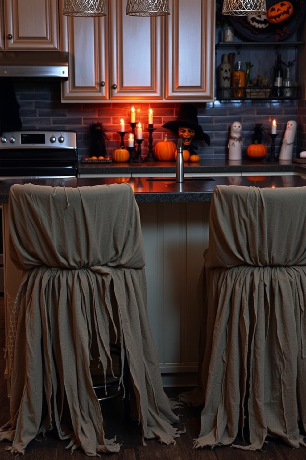 A spooky kitchen scene featuring bar stools covered in tattered, creepy cloth that gives an eerie vibe. The countertops are adorned with Halloween-themed decorations, including pumpkins and flickering candle lights.