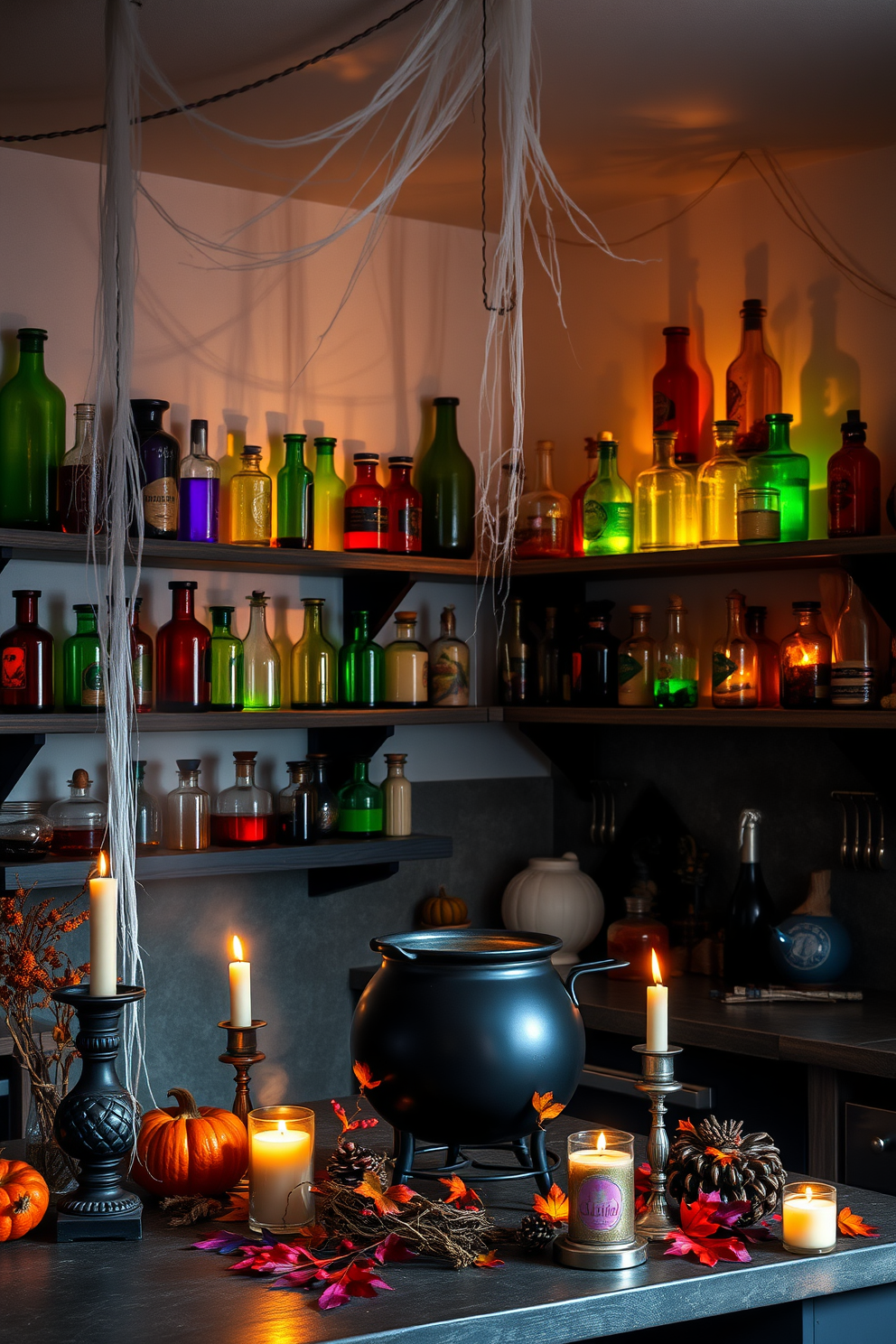 Eerie candles in black holders illuminate the kitchen with a haunting glow. The countertops are adorned with cobwebs and small pumpkins, creating a spooky yet inviting atmosphere.