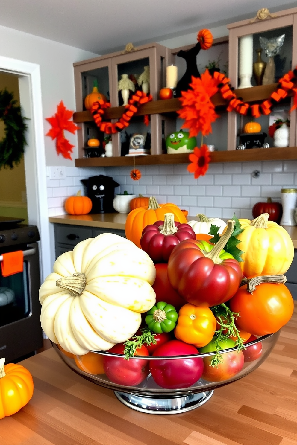 A vibrant kitchen scene showcasing a seasonal fruit bowl filled with colorful pumpkins and other autumn fruits. The kitchen is adorned with festive Halloween decorations, including orange and black accents throughout the space.