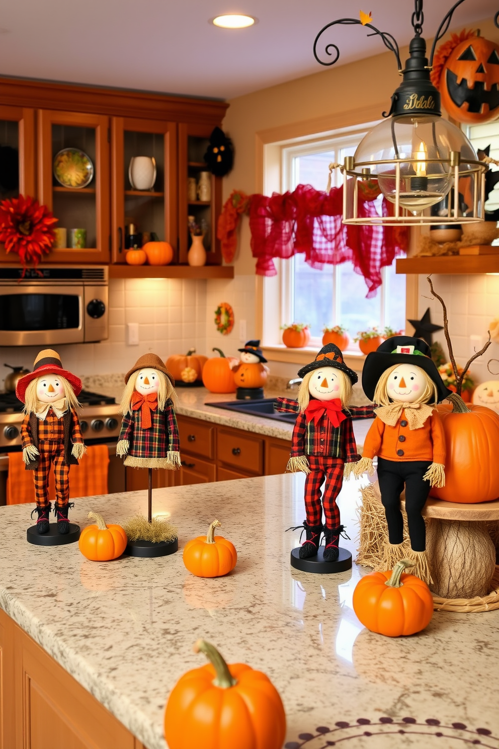 A whimsical Halloween kitchen featuring scarecrow figurines placed on the countertops. The decor includes vibrant autumn colors, with pumpkins and hay bales accentuating the festive atmosphere.