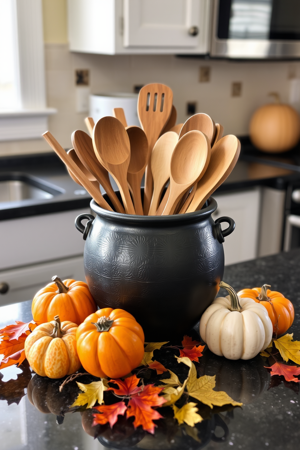 A decorative black cauldron sits on the kitchen countertop, filled with an assortment of wooden cooking utensils. Surrounding the cauldron are small pumpkins and autumn leaves, creating a festive Halloween atmosphere.