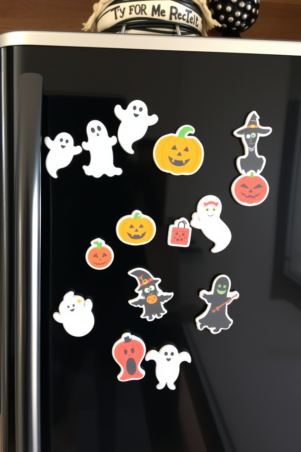 A collection of spooky themed fridge magnets is artfully arranged on a black refrigerator. The magnets feature various Halloween motifs such as ghosts, pumpkins, and witches, adding a playful touch to the kitchen decor.