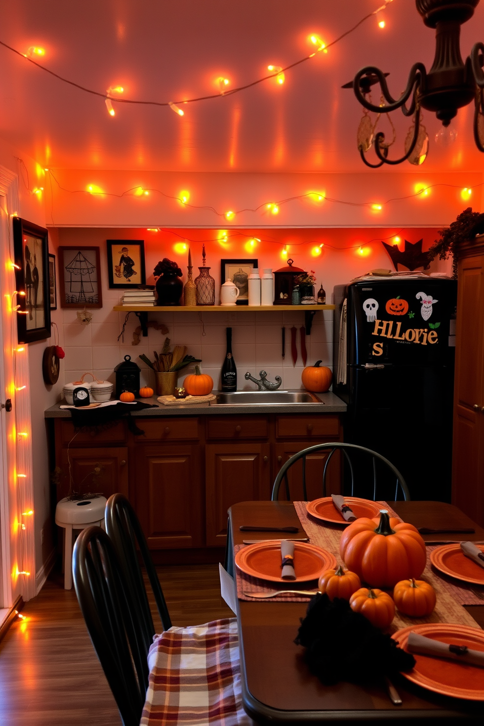 A cozy kitchen adorned for Halloween features orange fairy lights strung around the room, casting a warm glow. The walls are decorated with festive artwork, and a table is set with themed tableware and small pumpkins.