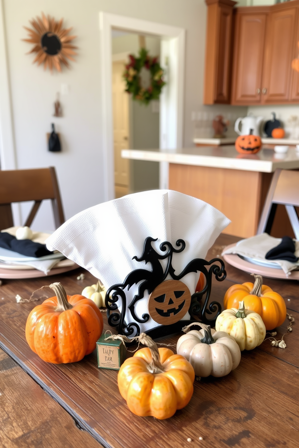 A Halloween themed napkin holder sits elegantly on a rustic wooden table adorned with seasonal decorations. Surrounding the holder are small pumpkins and decorative gourds, creating a festive and inviting atmosphere in the kitchen.