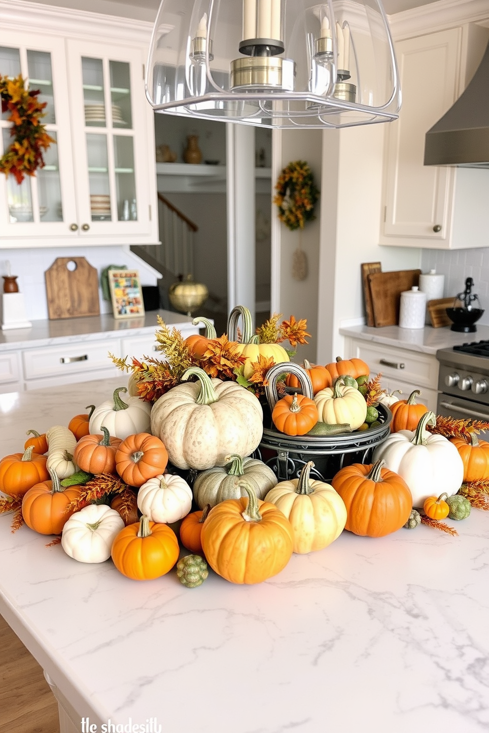 A festive kitchen island adorned with an array of miniature pumpkins in various sizes and colors. The pumpkins are artfully arranged alongside autumn-themed decorations like small gourds and seasonal foliage.