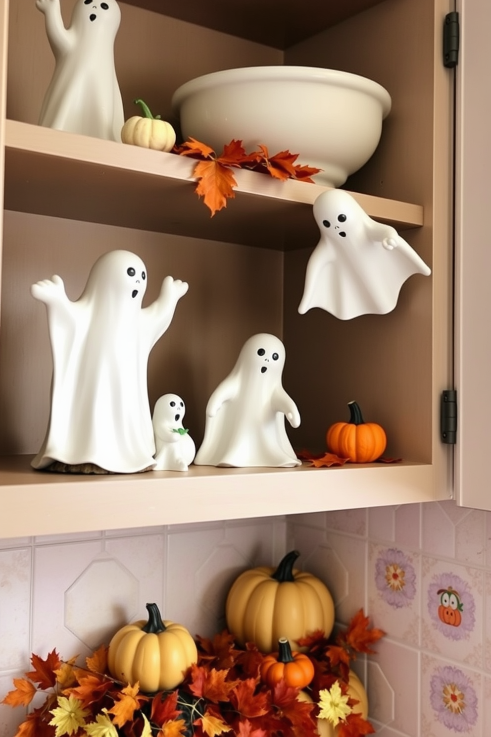 Charming ghost figurines are playfully arranged on open kitchen shelves, adding a whimsical touch to the Halloween decor. The shelves are adorned with small pumpkins and autumn leaves, creating a festive atmosphere that invites seasonal cheer.