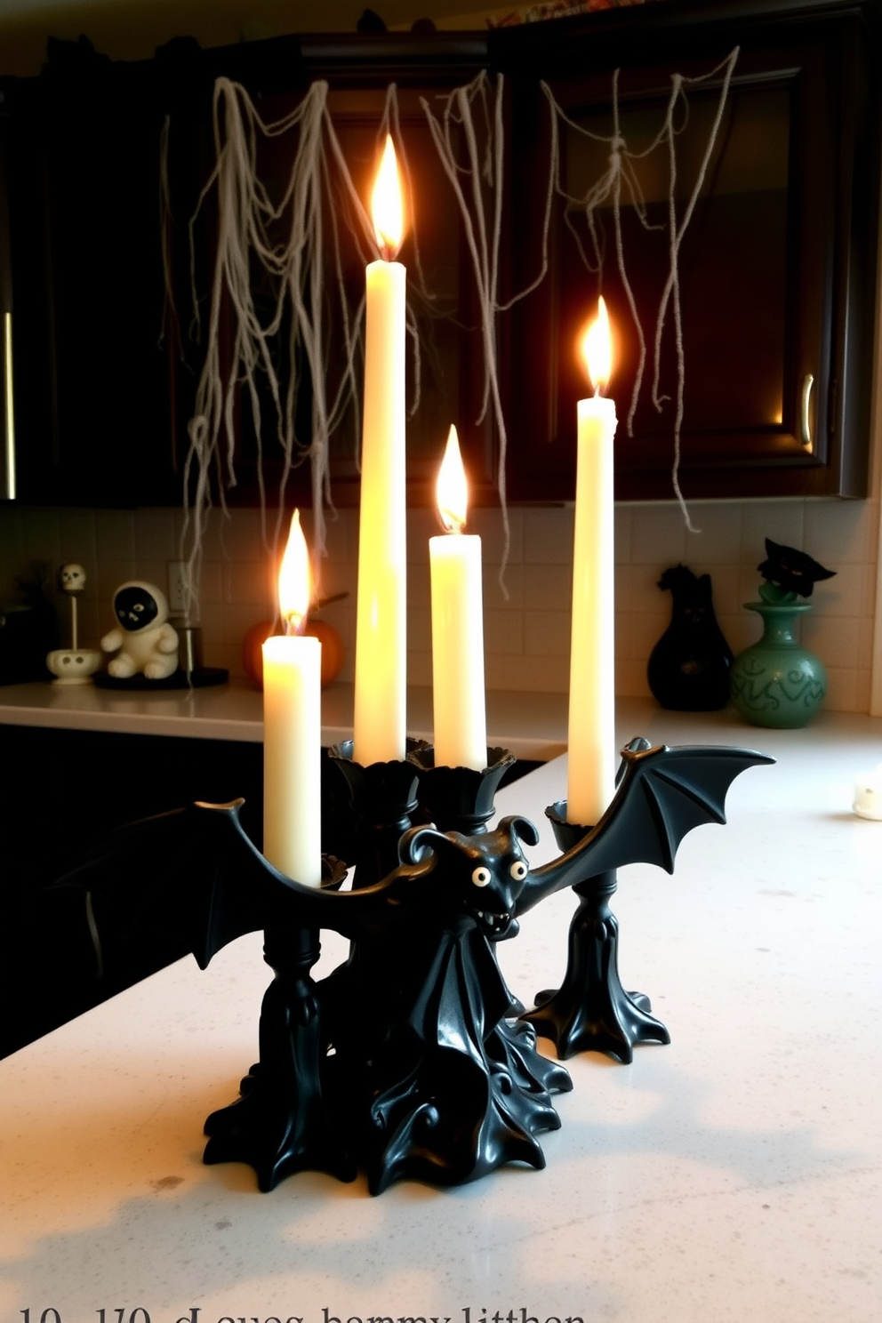 A whimsical Halloween kitchen setting. The ceiling is adorned with playful hanging bats made of black paper, fluttering above a rustic wooden dining table. The table is set with orange and black tableware, complemented by a festive table runner featuring spooky motifs. Pumpkins of various sizes are scattered across the countertop, adding a seasonal touch to the decor.