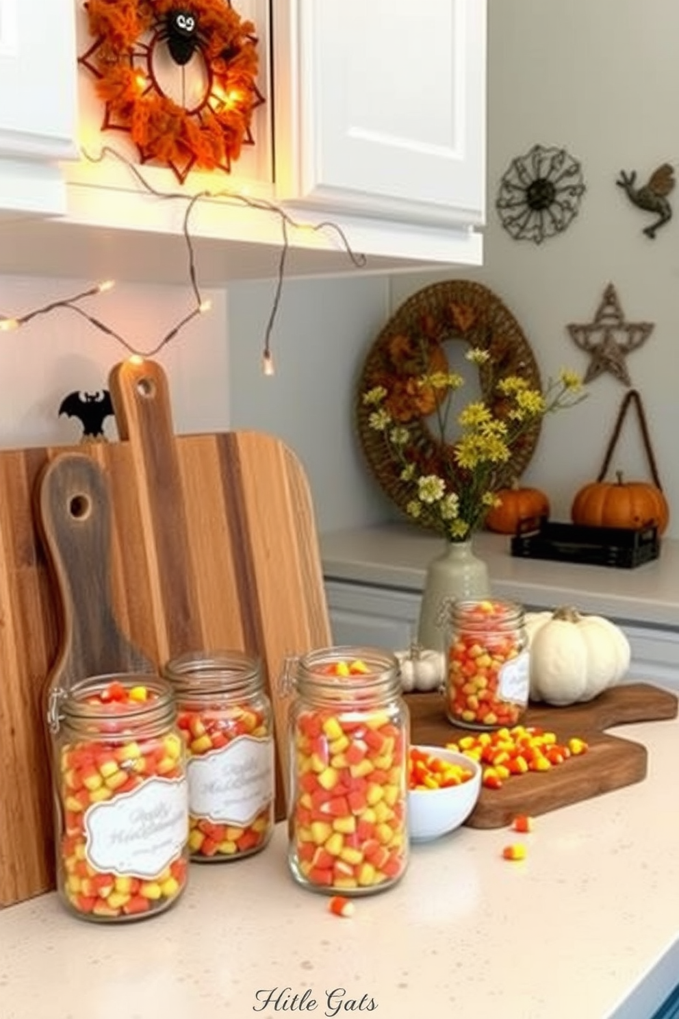 A charming kitchen setting decorated for Halloween. On the countertop, vintage jars filled with colorful candy corn are artfully arranged next to a rustic wooden cutting board. Above the jars, a string of warm fairy lights adds a cozy glow. The walls are adorned with subtle autumn-themed decorations, enhancing the festive atmosphere.