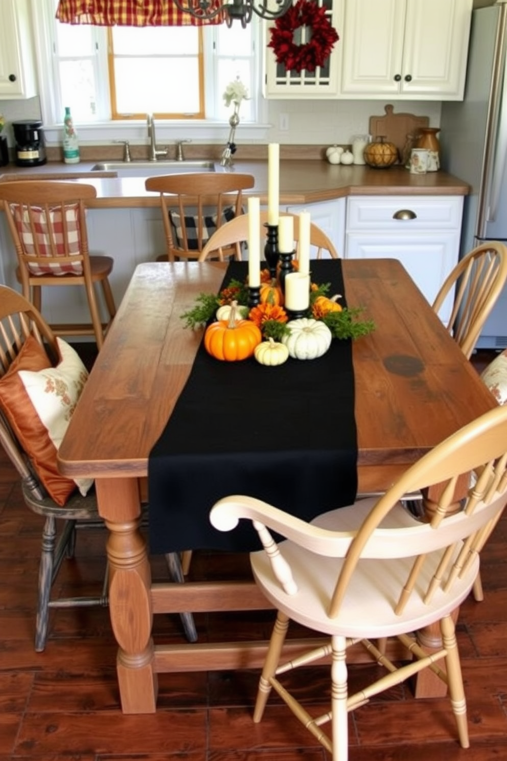 A festive kitchen setting featuring a black and orange table runner draped elegantly across a rustic wooden dining table. Surrounding the table are mismatched chairs adorned with seasonal cushions, and a centerpiece of mini pumpkins and candles adds a warm glow to the atmosphere.