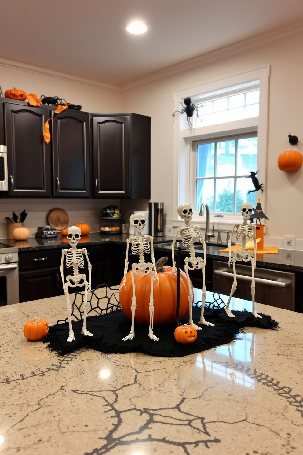 Skeleton figurines are playfully arranged on the countertops of a festive Halloween kitchen. The kitchen features dark cabinetry and orange accents, creating a spooky yet inviting atmosphere.