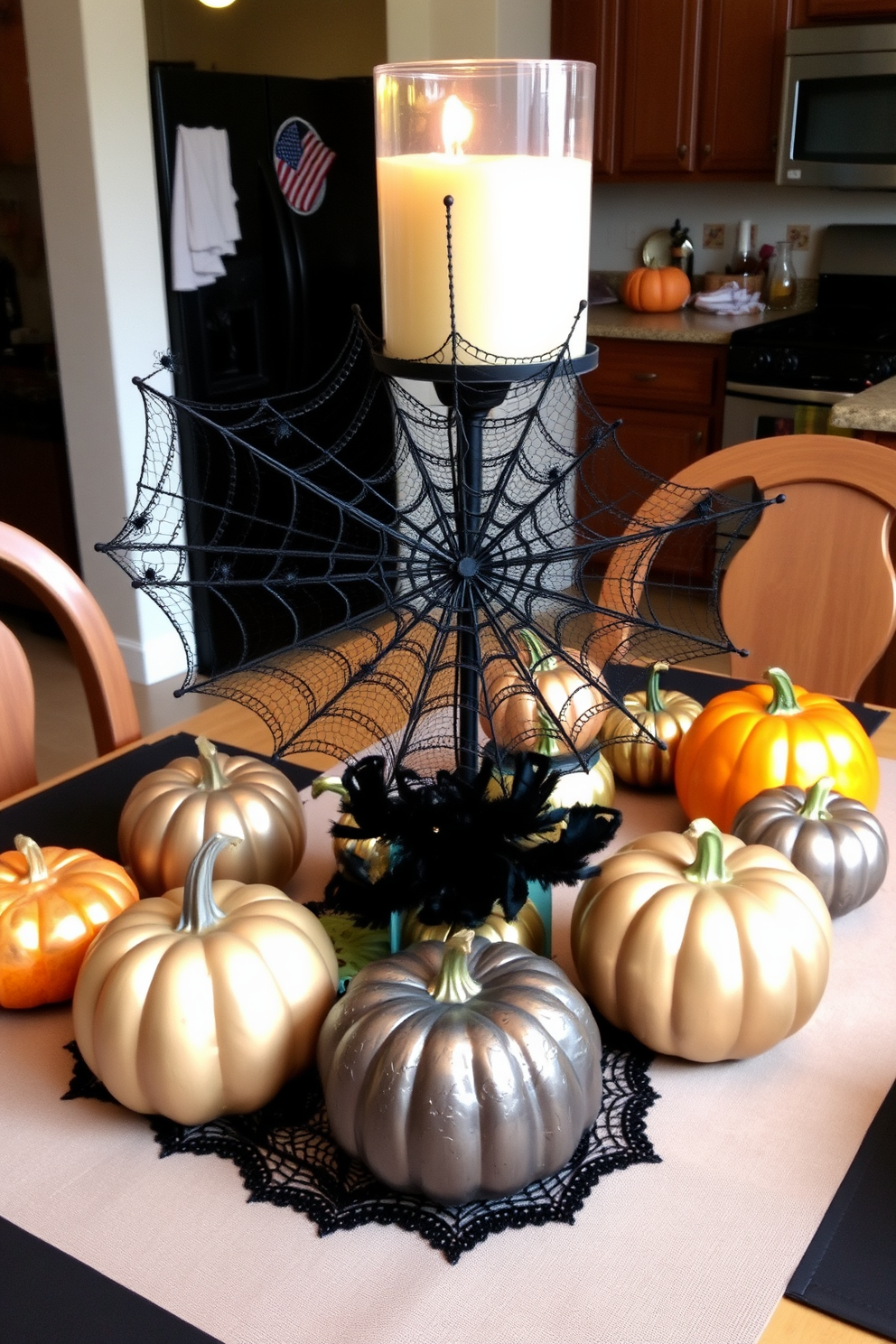 A striking spider web table centerpiece adorns the kitchen table, crafted from black lace and embellished with small plastic spiders. Surrounding the centerpiece, pumpkins in varying sizes are arranged, some painted in metallic hues to add a touch of elegance to the Halloween theme.