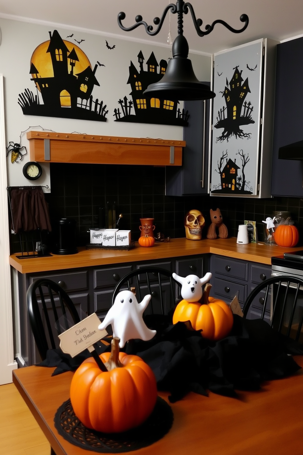 Create a whimsical kitchen setting adorned with light fixtures draped in witch hat decorations. The atmosphere is playful and festive, featuring a mix of traditional and modern elements that celebrate the Halloween spirit.