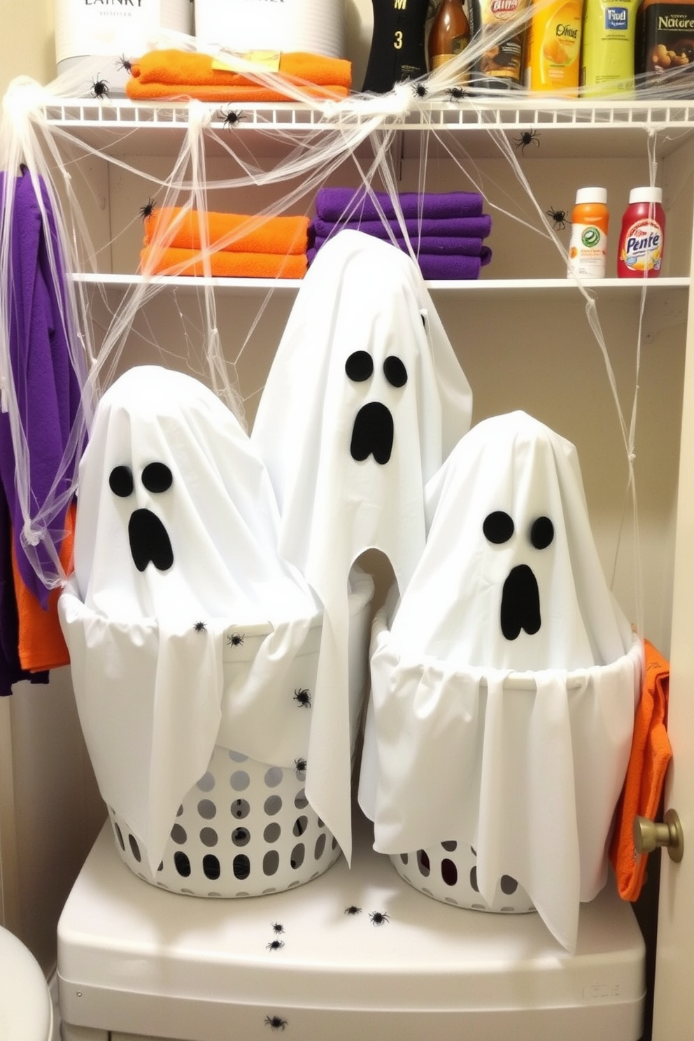 A spooky ghost laundry basket display is created using white fabric to cover the baskets, giving them a ghostly appearance. Black felt eyes and a mouth are added to each basket to enhance the Halloween theme. The laundry room is decorated with cobwebs draped across the shelves, and small plastic spiders are scattered throughout for an eerie touch. Orange and purple accents, such as towels and laundry detergent bottles, complete the festive look.