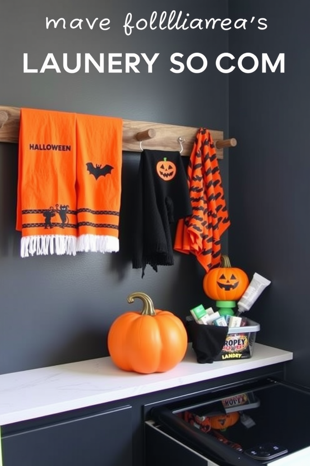 Create a playful Halloween laundry room featuring orange and black themed towels hanging neatly on a rustic wooden rack. The walls are painted in a deep charcoal color, and a festive pumpkin decor piece sits on the countertop next to a basket filled with laundry essentials.