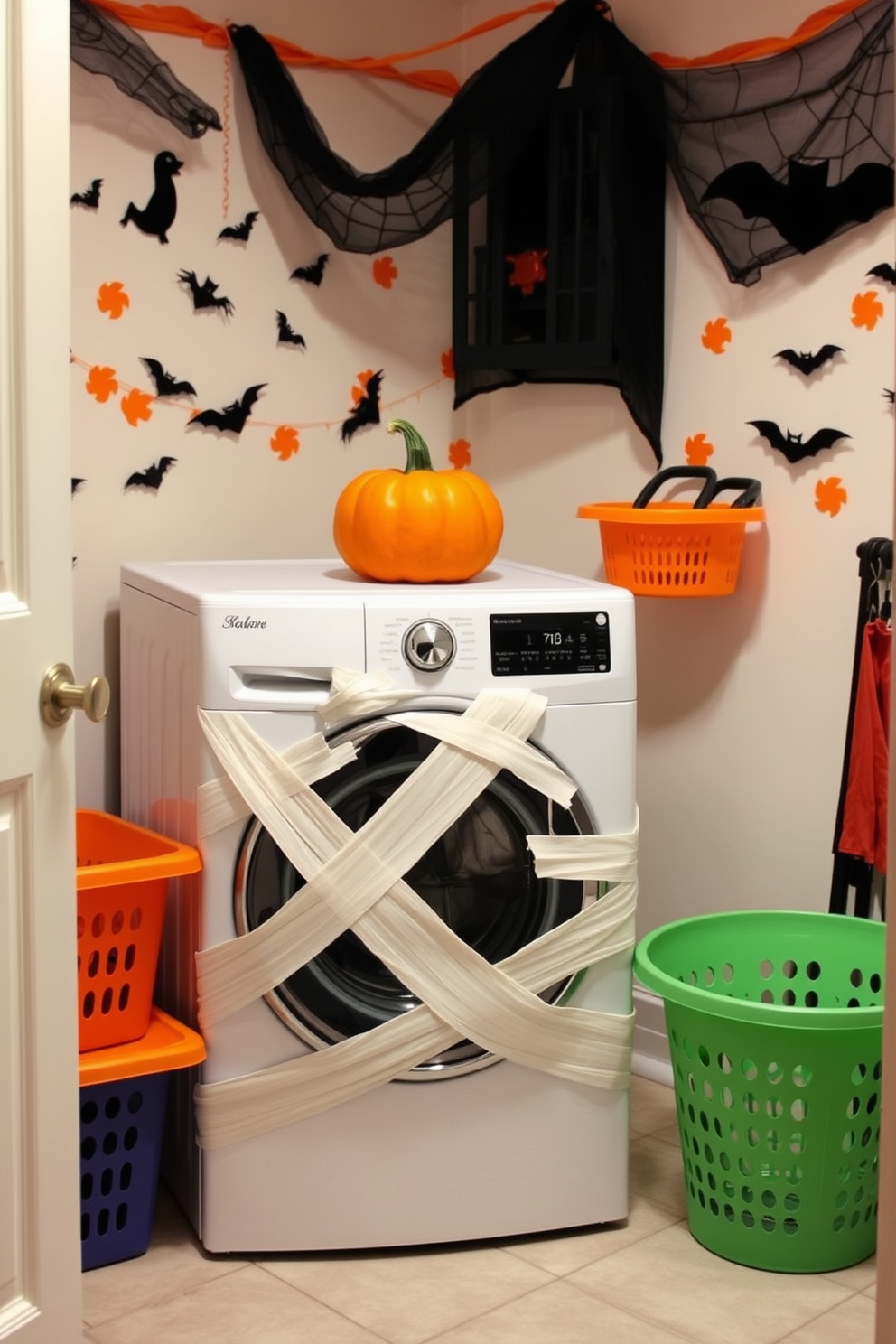 A whimsical Halloween laundry room featuring a washer wrapped in mummy bandages, creating a playful and spooky atmosphere. The walls are adorned with orange and black decorations, including ghostly silhouettes and hanging bats. Brightly colored laundry baskets are placed around the room, adding a fun pop of color against the darker theme. A cheerful pumpkin sits atop the dryer, completing the festive look while maintaining functionality.