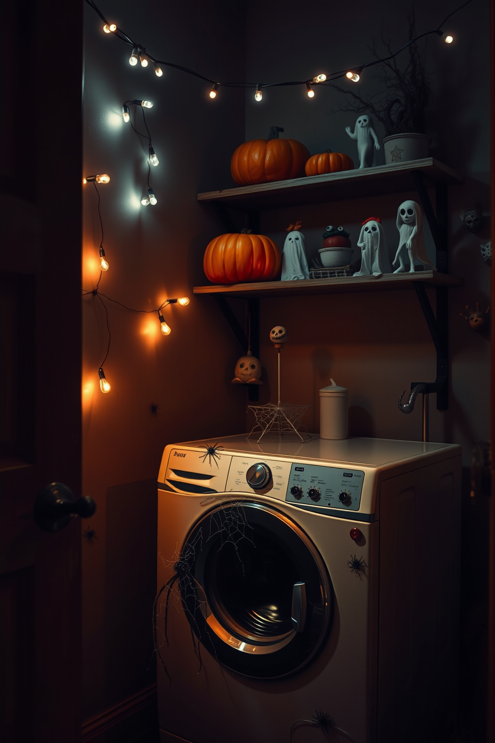 Chalkboard signs with spooky laundry puns create a fun and festive atmosphere in your Halloween-themed laundry room. The walls are painted in a deep orange hue, and the signs are adorned with playful ghost and pumpkin illustrations. Incorporate decorative elements like cobwebs and miniature skeletons around the laundry machines for an extra touch of Halloween spirit. A black and white checkered rug adds a stylish contrast to the vibrant colors, making the space both functional and festive.