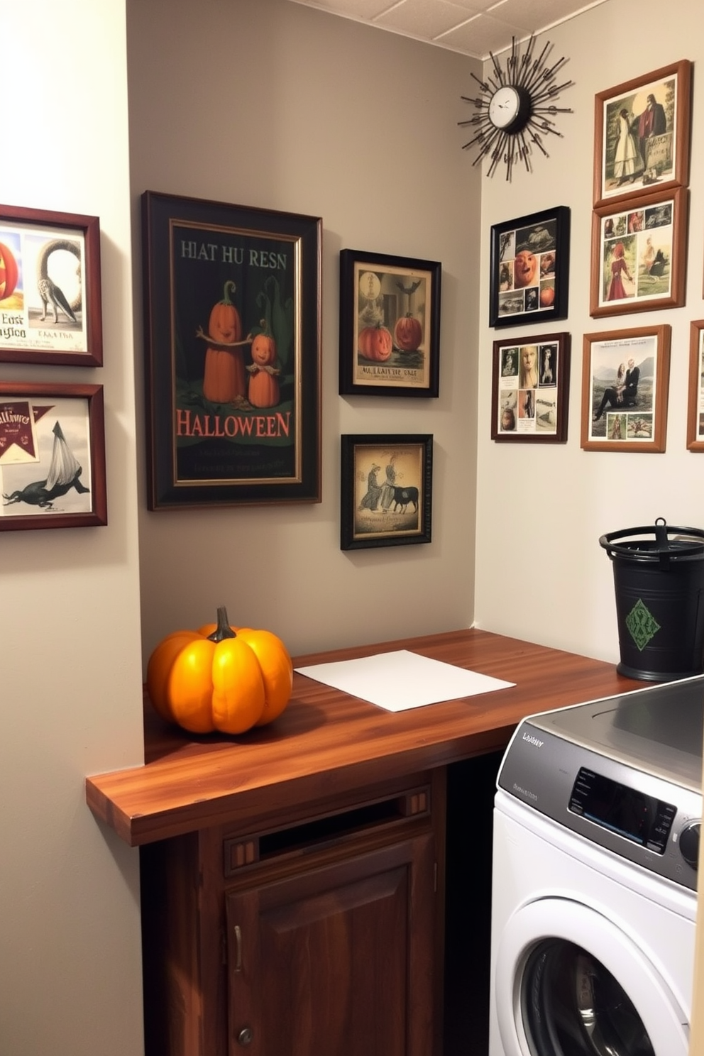 A cozy laundry room decorated with vintage Halloween postcards framed and hung on the walls. The space features a rustic wooden countertop with a vintage washing machine and a decorative pumpkin on display.