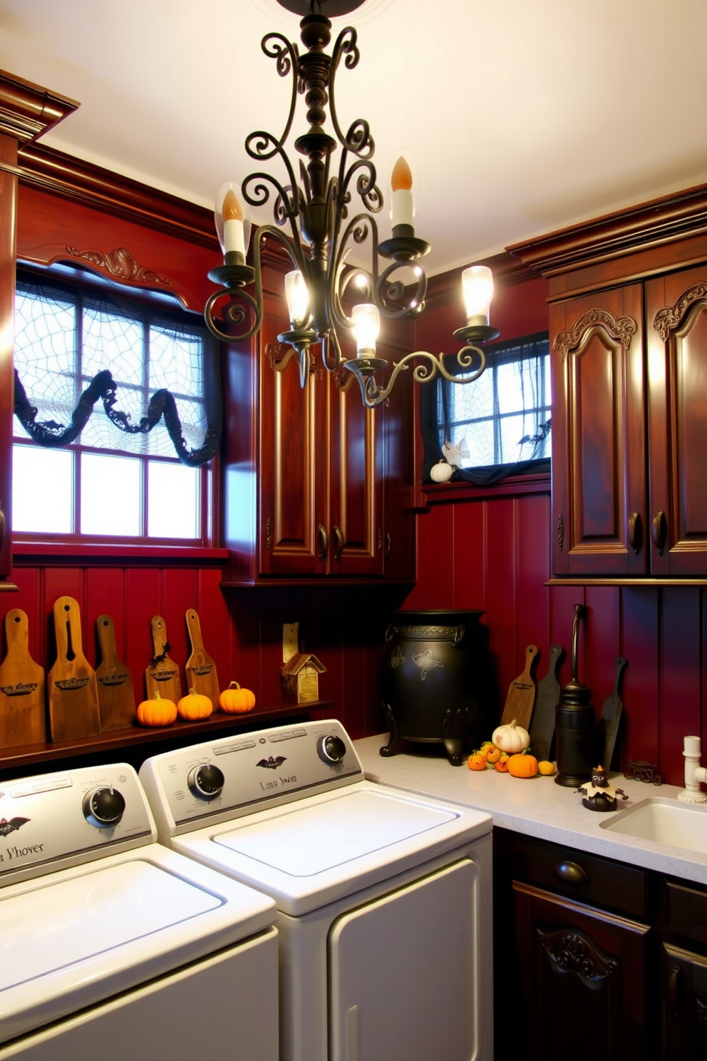 A gothic style laundry room features dark wood cabinetry with ornate carvings and wrought iron handles. The walls are painted in deep burgundy, and a vintage chandelier hangs from the ceiling, casting a warm glow. Decorative elements include a large black cauldron for storage and spiderweb-patterned curtains framing the windows. A collection of antique washboards and Halloween-themed decor, such as small pumpkins and bats, adds a festive touch to the space.