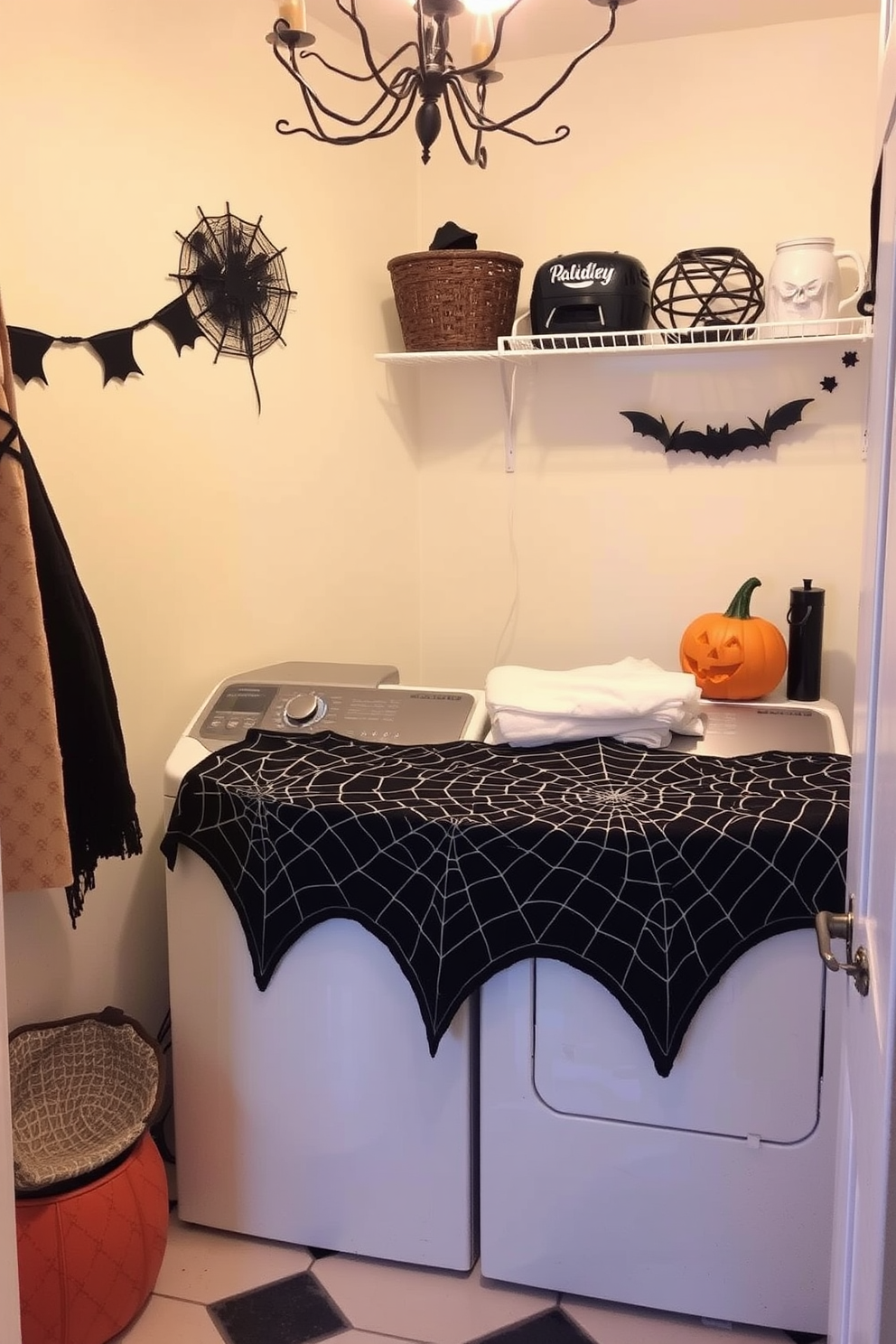 A cozy laundry room designed for Halloween. The folding area is adorned with a spider web tablecloth, creating a festive atmosphere while maintaining functionality.