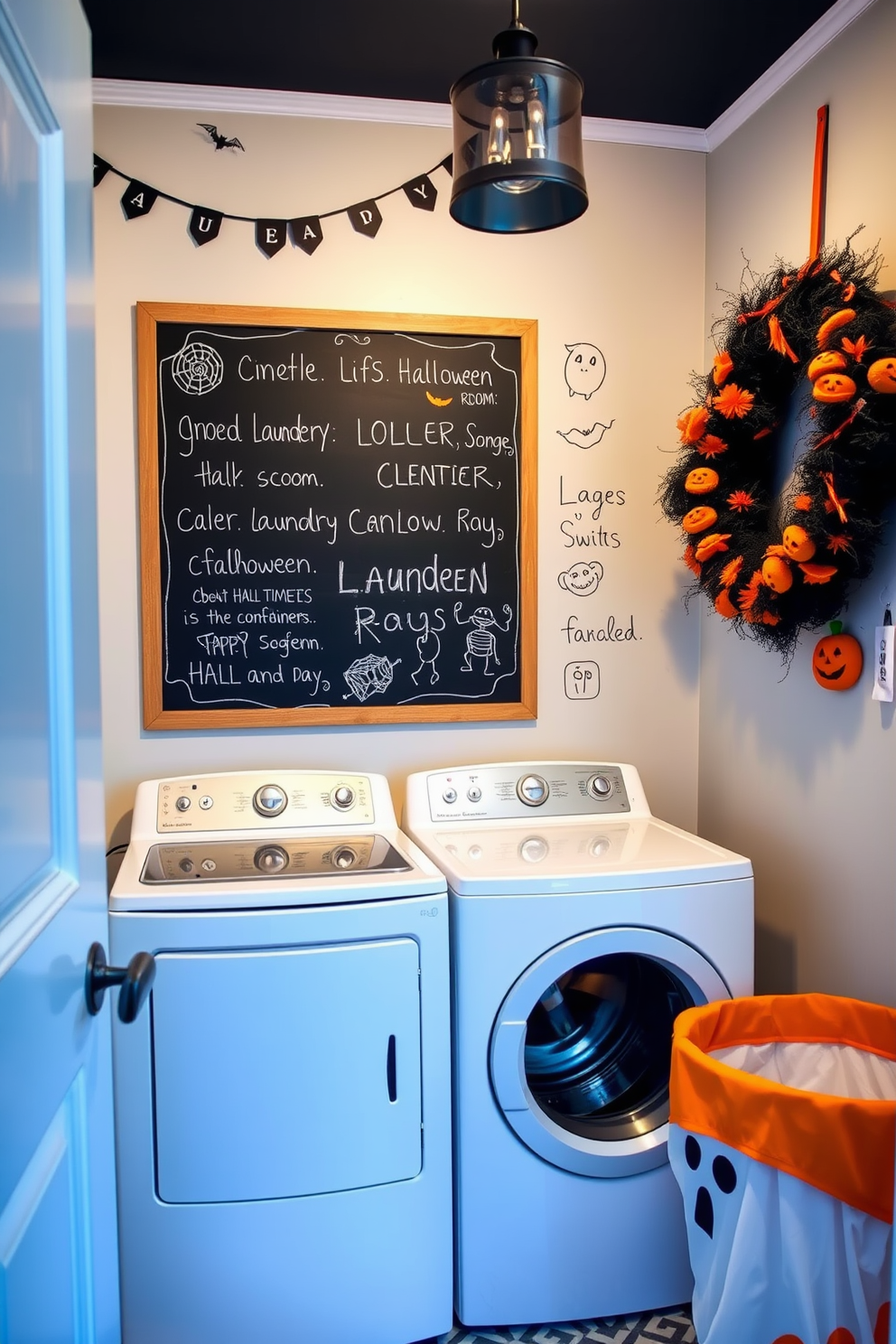 A whimsical laundry room designed for Halloween featuring a large chalkboard on the wall filled with spooky messages and playful drawings. The room is decorated with orange and black accents, including a festive wreath and ghost-shaped laundry baskets.