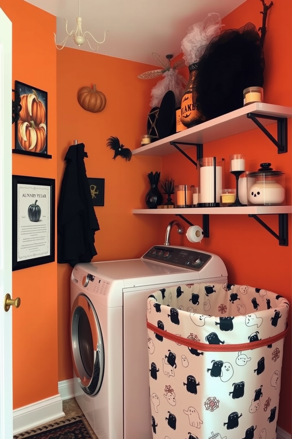 A cozy laundry room adorned with Halloween themed decor. Shelves are lined with an array of scented candles in festive pumpkin and cinnamon scents, creating a warm and inviting atmosphere. The walls are painted in a soft orange hue, complemented by black and white accents. A decorative laundry basket featuring playful ghost patterns sits in the corner, adding a touch of whimsy to the space.