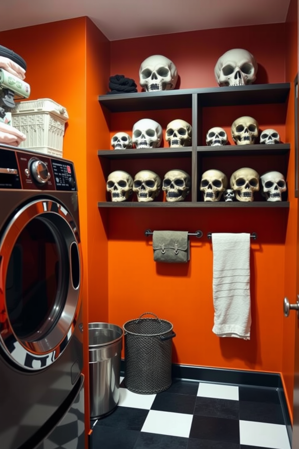 A stylish laundry room featuring decorative skulls arranged on open shelves. The walls are painted in a deep orange hue, and a black and white checkered floor adds a playful touch.