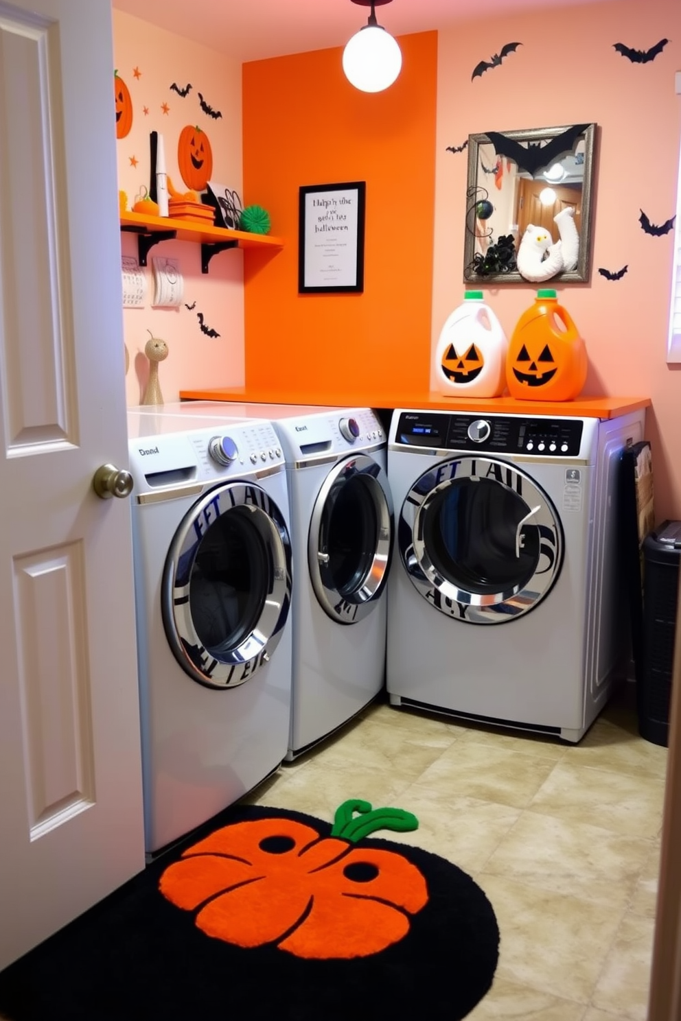 Create a cozy laundry room featuring pumpkin-themed laundry baskets for storage. The walls are adorned with playful Halloween decorations, and a cheerful color palette of orange and black sets the festive mood.