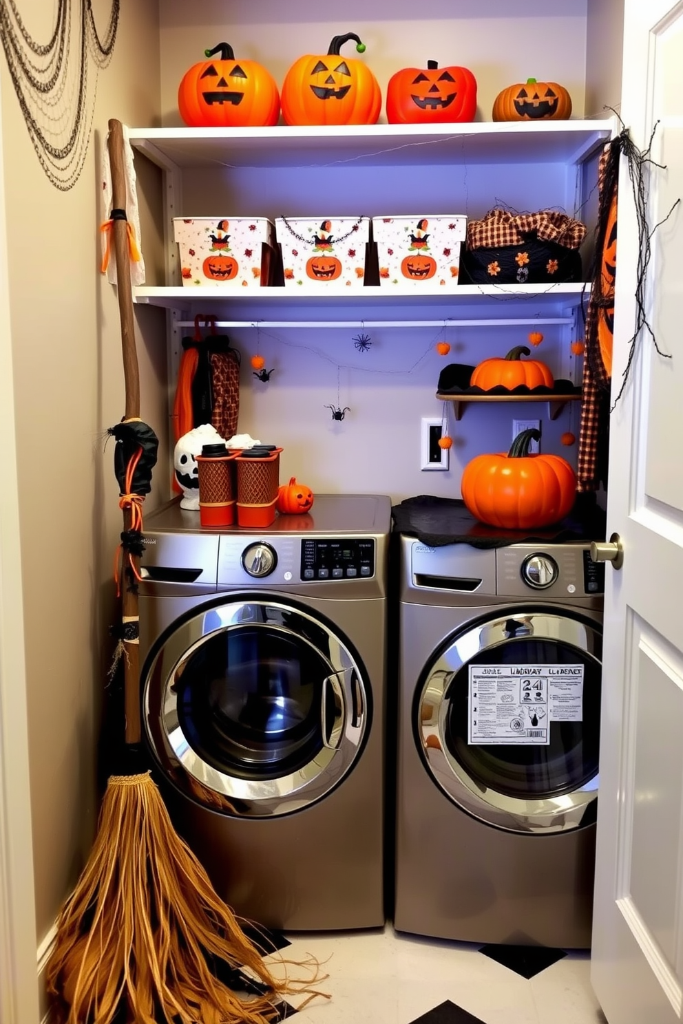 A whimsical laundry room setting perfect for Halloween. A broomstick leans against the wall adorned with spooky decorations and cobwebs. The washer and dryer are surrounded by cheerful orange and black accents. Shelves above are filled with Halloween-themed storage bins and decorative pumpkins.