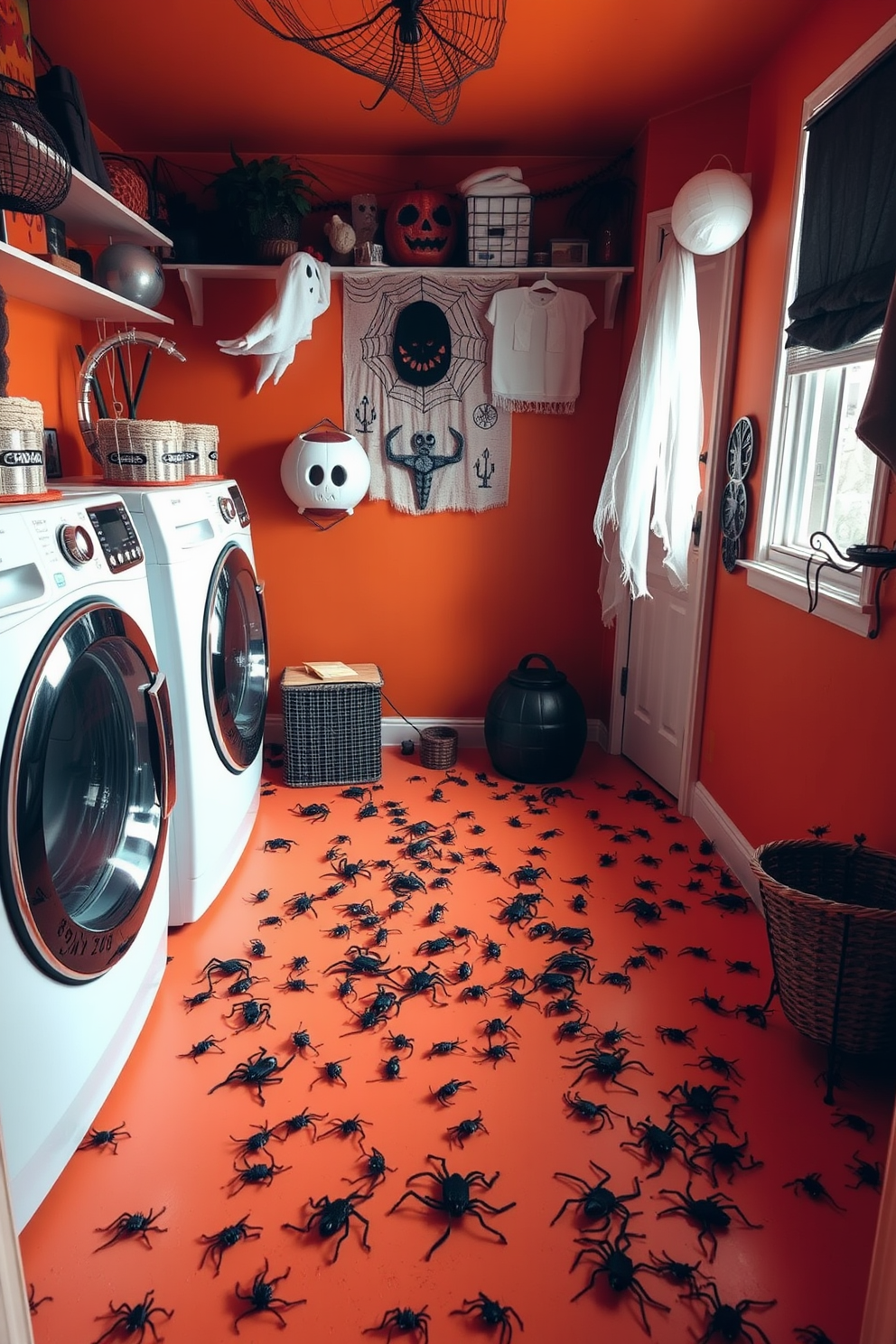 A Halloween-themed laundry room filled with creepy crawlies scattered across the floor. The walls are painted in a deep orange hue, adorned with spooky spider webs and ghostly decorations.