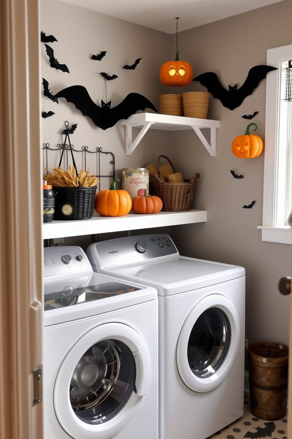 A cozy laundry room adorned with vintage Halloween postcards framed on the walls creates a festive atmosphere. The room features a classic washing machine and dryer with a rustic wooden shelf above, displaying seasonal decorations and laundry essentials.