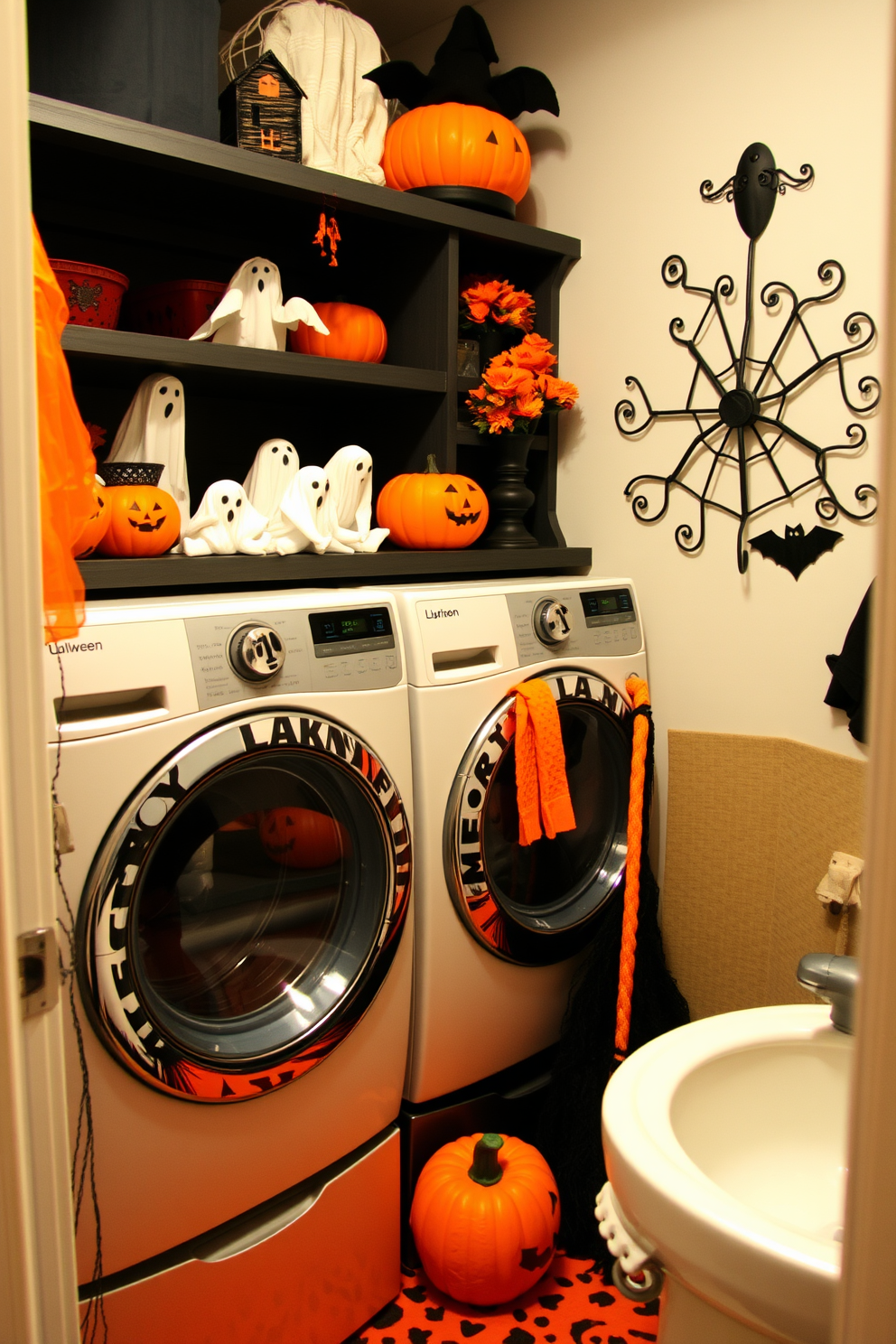 A whimsical laundry room decorated for Halloween. Ghostly figures peek from the shelves, surrounded by vibrant orange and black accents that create a festive atmosphere.