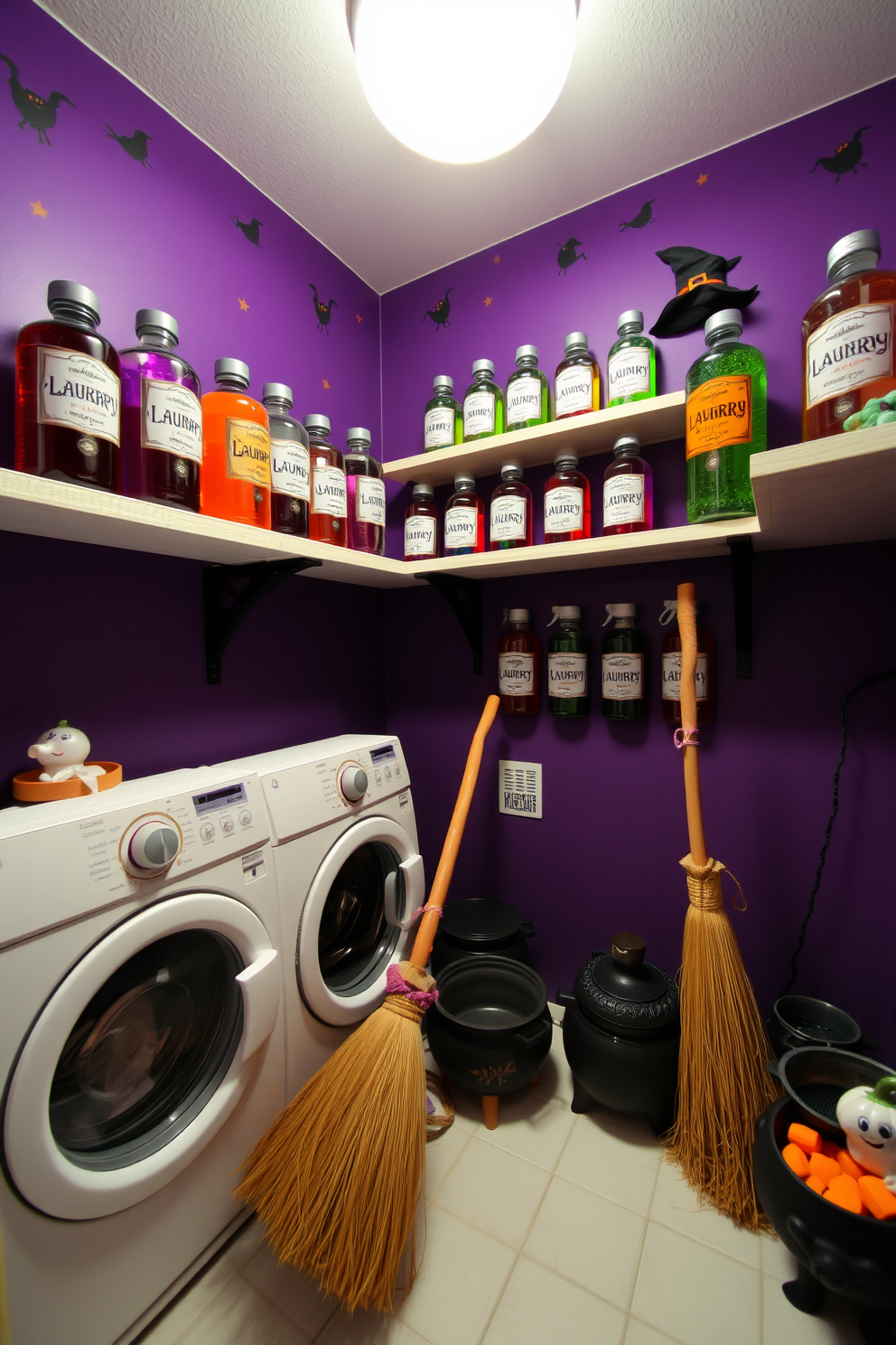 A whimsical laundry room designed for Halloween. The walls are painted in deep purple with playful witch motifs, and shelves are lined with potion bottles filled with colorful laundry soap. The labels on the bottles feature enchanting designs and spooky fonts, creating a magical atmosphere. Decorative brooms and cauldrons are strategically placed around the room, enhancing the Halloween theme.