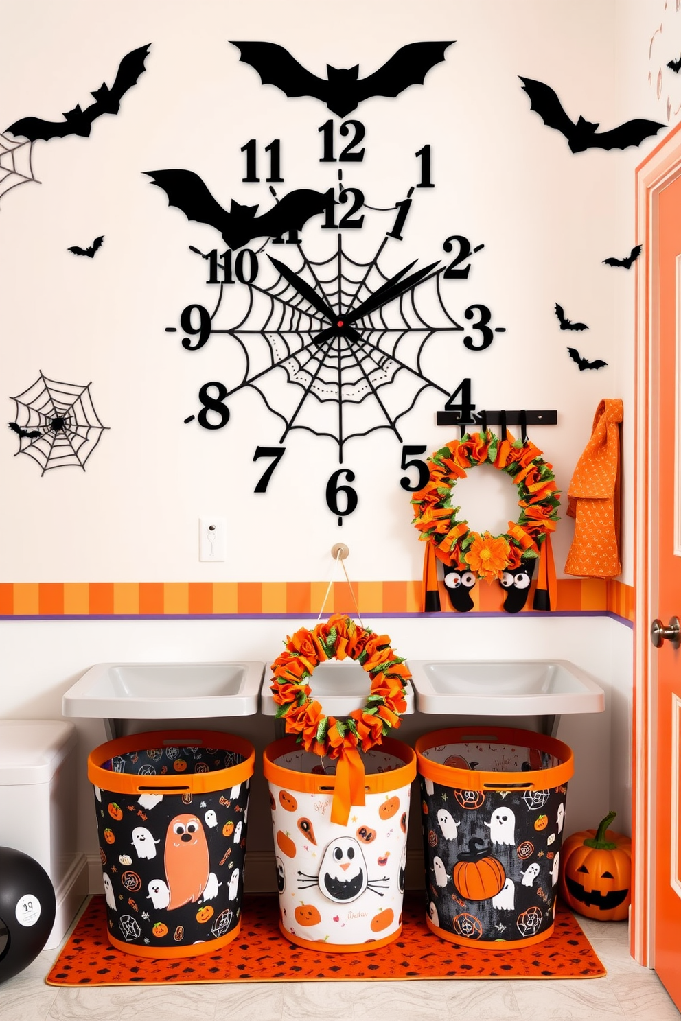 A Halloween themed wall clock design featuring a round face with intricate spider web patterns in the background. The clock hands are shaped like bats and the numbers are replaced with spooky symbols like pumpkins and ghosts. A Halloween laundry room decorated with cheerful orange and black accents throughout. The walls are adorned with playful ghost decals and a festive wreath hangs on the door, while the laundry baskets are covered in fun Halloween prints.