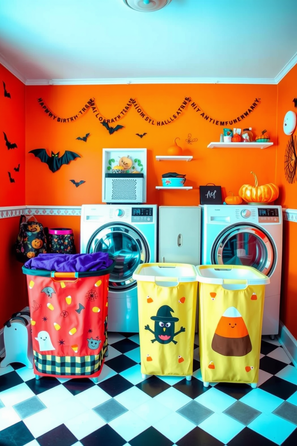 A whimsical laundry room featuring spider-shaped soap dispensers adds a playful touch to the space. The walls are painted in a deep orange hue, and decorative Halloween-themed garlands hang above the washer and dryer. A black and white checkered floor complements the fun decor, while a large spider web made from faux cobwebs stretches across the ceiling. Shelves are adorned with cute pumpkin accents and seasonal laundry baskets for added charm.