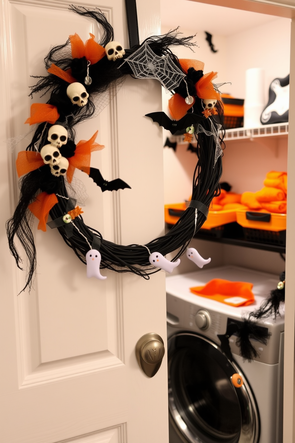 A spooky wreath adorned with black and orange accents hangs on the laundry room door. The wreath features miniature skulls, faux cobwebs, and glittering bats, creating a festive Halloween atmosphere. Inside, the laundry room is decorated with playful Halloween-themed decor. Baskets filled with orange and black towels sit neatly on shelves, while a ghostly garland drapes across the washer and dryer.